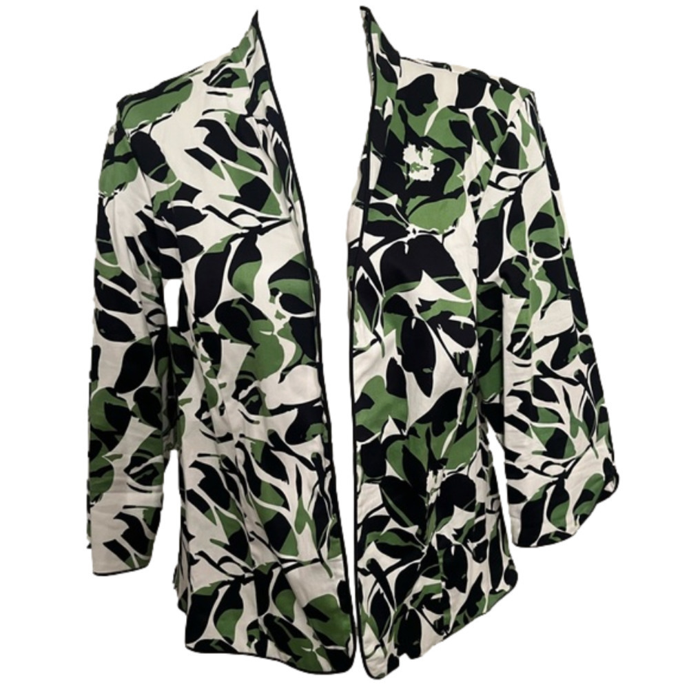 Dressbarn open Blazer jacket size 14 16 blue green tropical leaves